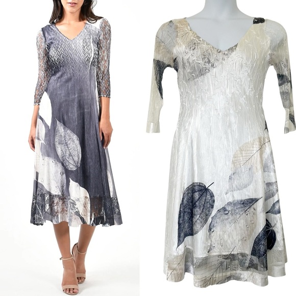Komorov white silver crinkle a line midi dress size large leaf wedding cocktail
